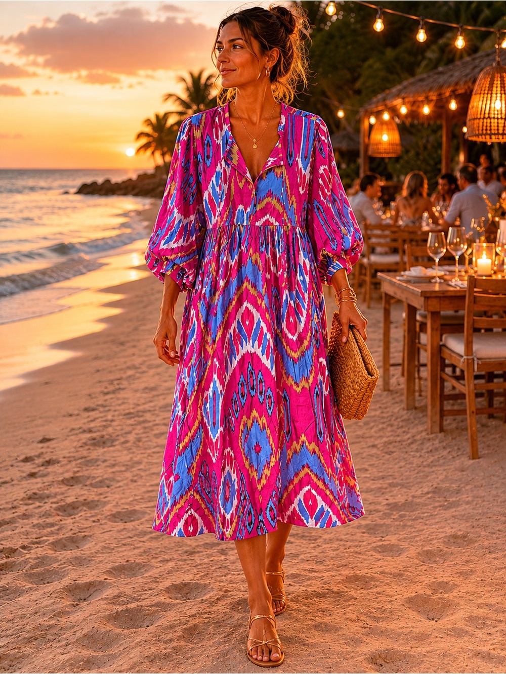 Bright Pink House of Sundar Midi Dress w/pockets Resort wear
